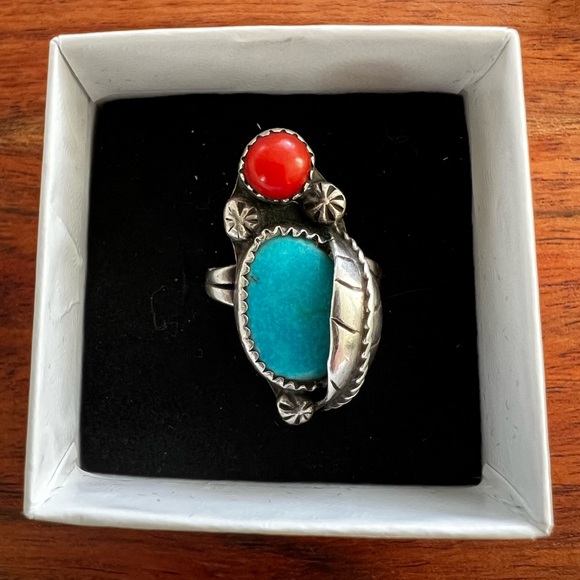 Jewelry - Vintage Navajo Turquoise snd Coral Ring 5.5